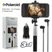 Polaroid Built-In Remote Selfie Stick + Headset + Car Charger Black Polaroid Built-In Remote Selfie Stick + Headset + Car Charger Black